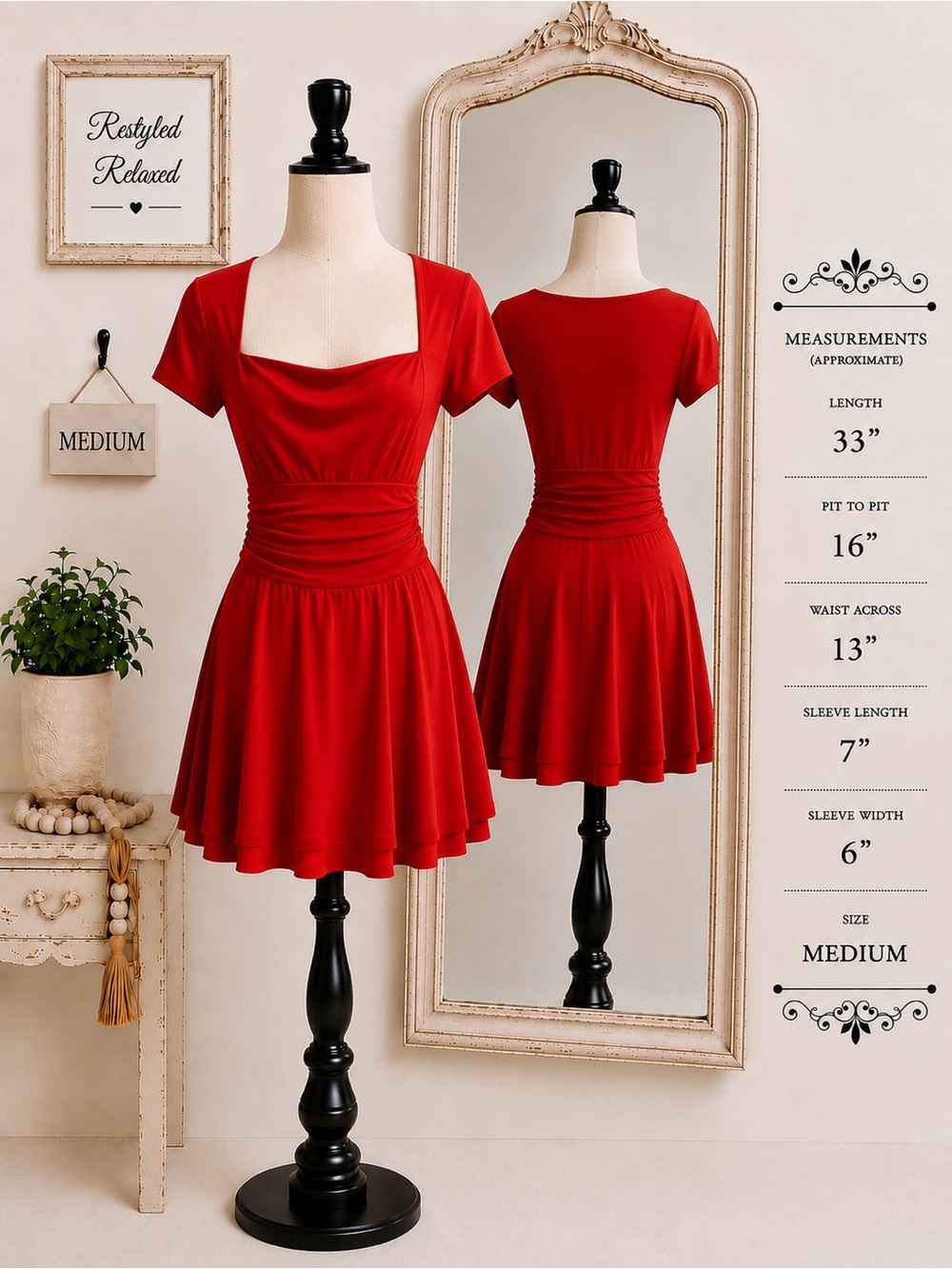 NWT OYS Red Square Neck Ruched Fit & Flare Mini Dress M